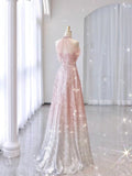 Pink Gradient Neck Hanging Sleeveless Full Shiny Beaded A-Line Long Evening Dress HZ1024