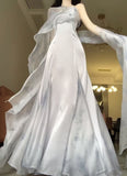 Gray Chiffon Spaghetti Strap A-Line Long Prom Dress HZ1024