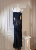 Black Lace Chiffon Spaghetti Strap Sleeveless Long Dress HZ1024