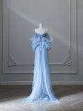 Blue A-line Strapless Beaded Tulle Elegant Long Evening Gowns HZ1024