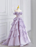 Light Purple A-Line Strapless Heart Neck Chiffon Tiered Long Evening Dresses HZ1024