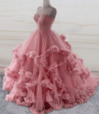 Pink Heart Neck Strapless Cake Dresses Tiered Long Evening Gowns HZ1024