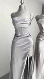 Gray Satin Spaghetti Strap Heart Neck Split Long Evening Dress HZ1024