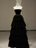 Vintage Black A-Line Velvet Strapless Elegant Tiered Long Evening Dresses HZ1024