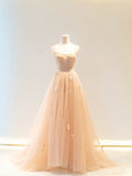 Champagne A-Line Heart Neck Spaghetti Strap Tulle Floor Length Dress HZ1024