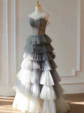 Gray A-line Spaghetti Strap Tulle Tiered Long Evening Dress HZ1024