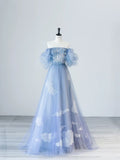 Blue A-line Strapless Tulle Long Evening Dresses HZ1024