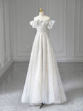 White A-line Strapless Beaded Tulle Formal Long Evening Dresses HZ1024