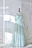 Green A-line Strapless Sleeveless Beaded Tulle Long Evening Dresses HZ1024