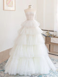 White A-Line Simple Strapless Layered Tulle Long Evening Dresses HZ1024