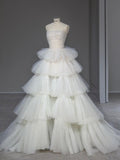 White A-Line Simple Strapless Layered Tulle Long Evening Dresses HZ1024