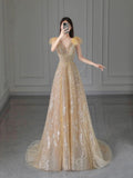 Pale Yellow A-Line V-Neck Short Sleeve Bright Beaded Tulle Long Evening Dresses HZ1024