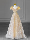 Pale Yellow A-Line V-Neck Short Sleeve Bright Beaded Tulle Long Evening Dresses HZ1024