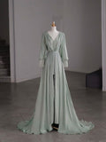 Green V-Neck Long Sleeve Chiffon Split Floor Length Evening Gowns HZ1024