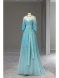 Glacier Blue A-Line Round Neck Midi Sleeve Bright Beaded Tulle Long Evening Dresses HZ1024