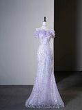 Purple A-Line Strapless Heart Neck Feather Sequin Long Evening Dresses HZ1024