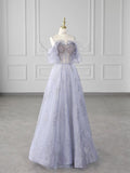 Light Purple A-line Strapless Spaghetti Strap Tulle Long Evening Dresses HZ1024