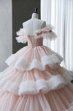 Ball Gown Off Shoulder Pink Tulle Long Prom Dress, Sweet 16 Dress HZ1024
