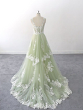 Light Green A-line Spaghetti Straps Heart Neck Lace Tulle Long Evening Gowns HZ1024