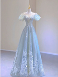 Light Blue A-line Round Neck Short Sleeve Tulle Long Prom Dresses HZ1024