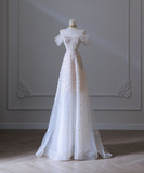 White A-line Strapless Tulle Long Prom Dresses HZ1024