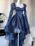 Blue High Low Cardi Neck Long Sleeve Prom Dresses HZ1024