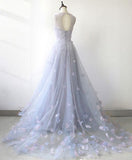 Simple Blue Gray Tulle 3D Lace Applique Long A Line Prom Dress HZ1024