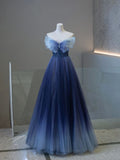 Blue A-Line Strapless Butterfly Tulle Long Prom Dresses HZ1024