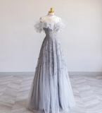 Gray A-Line Strapless Sequined Tulle Long Prom Dresses HZ1024