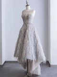 Gray High Low Round Neck Sleeveless Feather Prom Dresses HZ1024