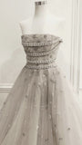 Gray A-Line Sheath Strapless Tulle Long Prom Dresses HZ1024