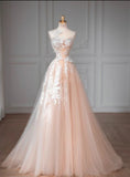 Pink A-line Round Neck Sleeveless Lace Tulle Long Prom Dresses HZ1024