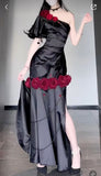 Sexy Black Satin One Shoulder 3D Flower Split Long Prom Dresses HZ1024