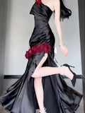 Sexy Black Satin One Shoulder 3D Flower Split Long Prom Dresses HZ1024