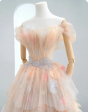 Champagne A-Line Strapless Layered Tulle Long Prom Dresses HZ1024
