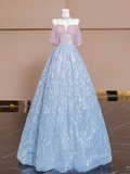 Blue A-line Strapless Sequined Tulle Long Prom Dresses HZ1024