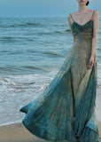 Gradient Green A-Line Spaghetti Strap Long Dress HZ1024