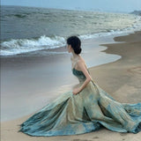 Gradient Green A-Line Spaghetti Strap Long Dress HZ1024