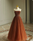 Brown A-Line Sheath Strapless Tulle Long Prom Dresses HZ1024