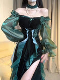 Green Strapless Velvet Ruffle Vintage Split Tea Break Dresses HZ1024