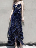 Navy Star Mermaid Dress Velvet High Leg Split Irregular Skirt HZ1024