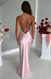 Pink A-Line Spaghetti Strap Simple Satin Long Prom Dresses HZ1024