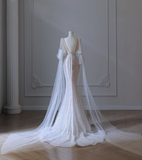 Pink Mermaid Round Neck Long Sleeve Beaded Tulle Long Prom Dresses HZ1024