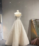 Pale Yellow A-Line Sheath Strapless Feather Long Prom Dresses HZ1024