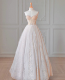 Champagne A-Line Heart Shaped Neck Strapless Tulle Long Prom Dress HZ1024