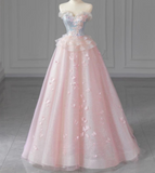 Pink A-Line Strapless Heart Neck Butterfly Tulle Long Prom Dresses HZ1024