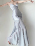 Gray Simple Mermaid V-Neck Spaghetti Strap Ankle Length Gowns HZ1024