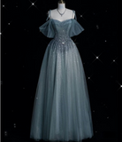 Blue Strapless Spaghetti Strap A Line Sequined Tulle Long Prom Dresses HZ1024