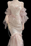 Pink Mermaid Neckline Strapless Lace Long Prom Dresses HZ1024