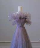Charming Purple A-Line Strapless Tulle Ankle Length Evening Dresses HZ1024